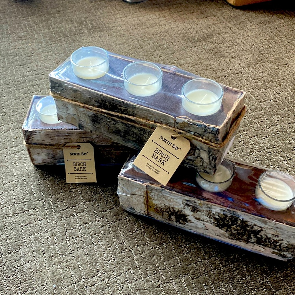 Set of 3 votive holders, birch bark wrapped, 3 votives per holder. NEW